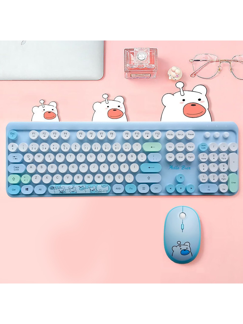 Mofii Hellobear Yuvarlak Tuşlu Ayıcık Desenli Kablosuz Mavi Klavye Mouse Set